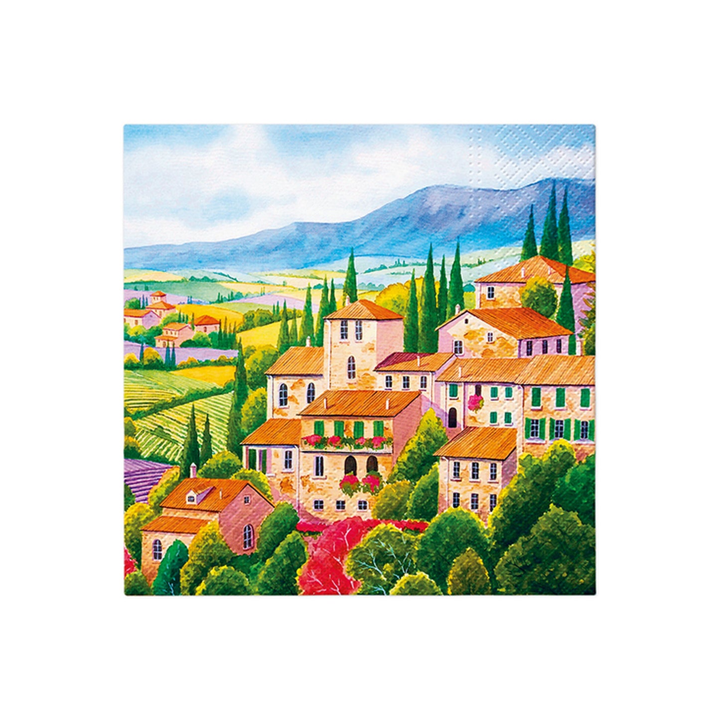 Decorative square napkin with colorful countryside village houses and trees