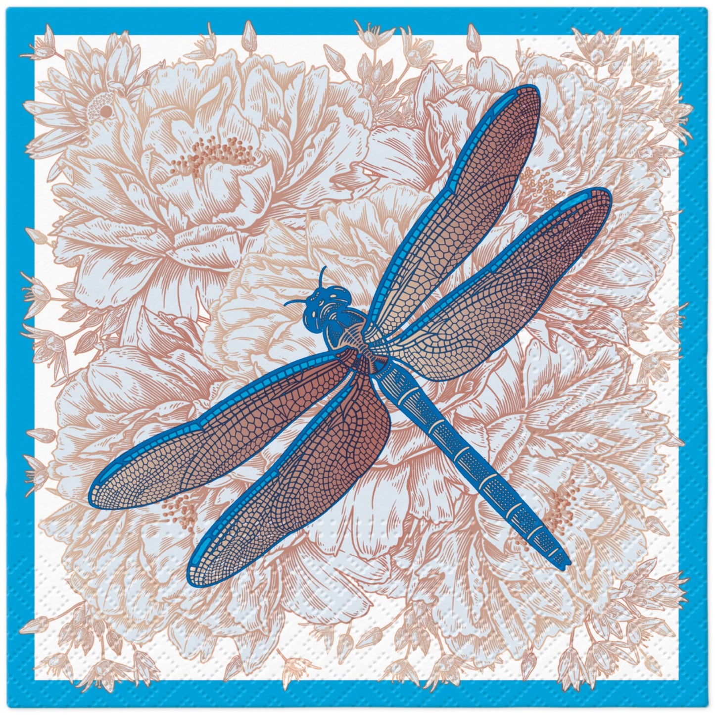 Square napkin with blue dragonfly illustration on light beige floral background