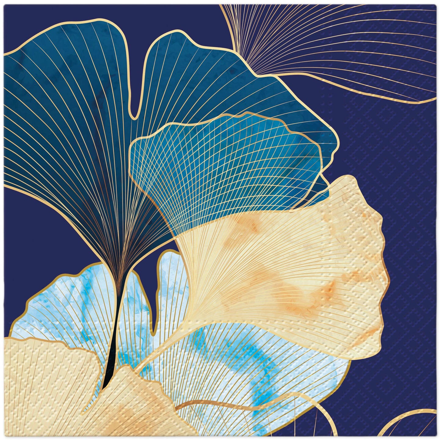 Tropical napkin with blue shells and gold leaf line pattern