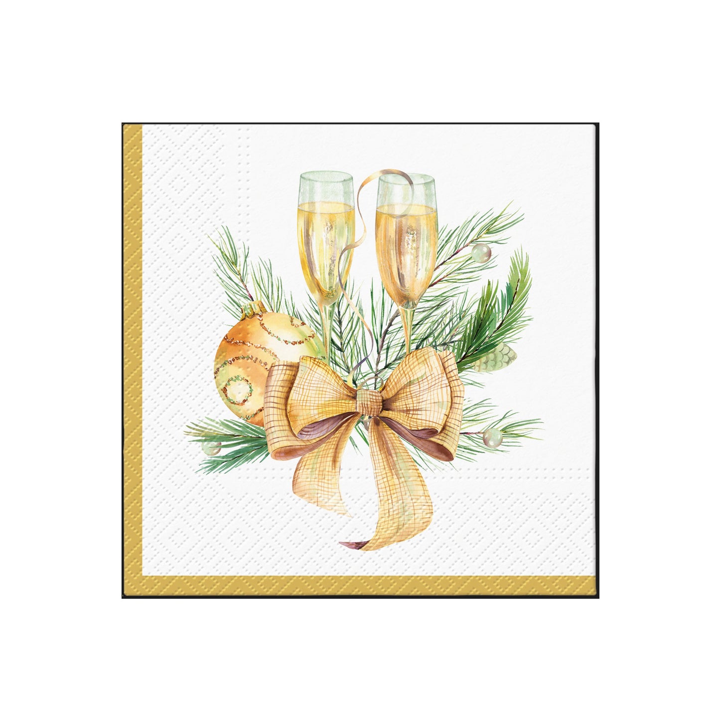 Kids party napkin with two champagne glasses, pine branches, and gold ribbon