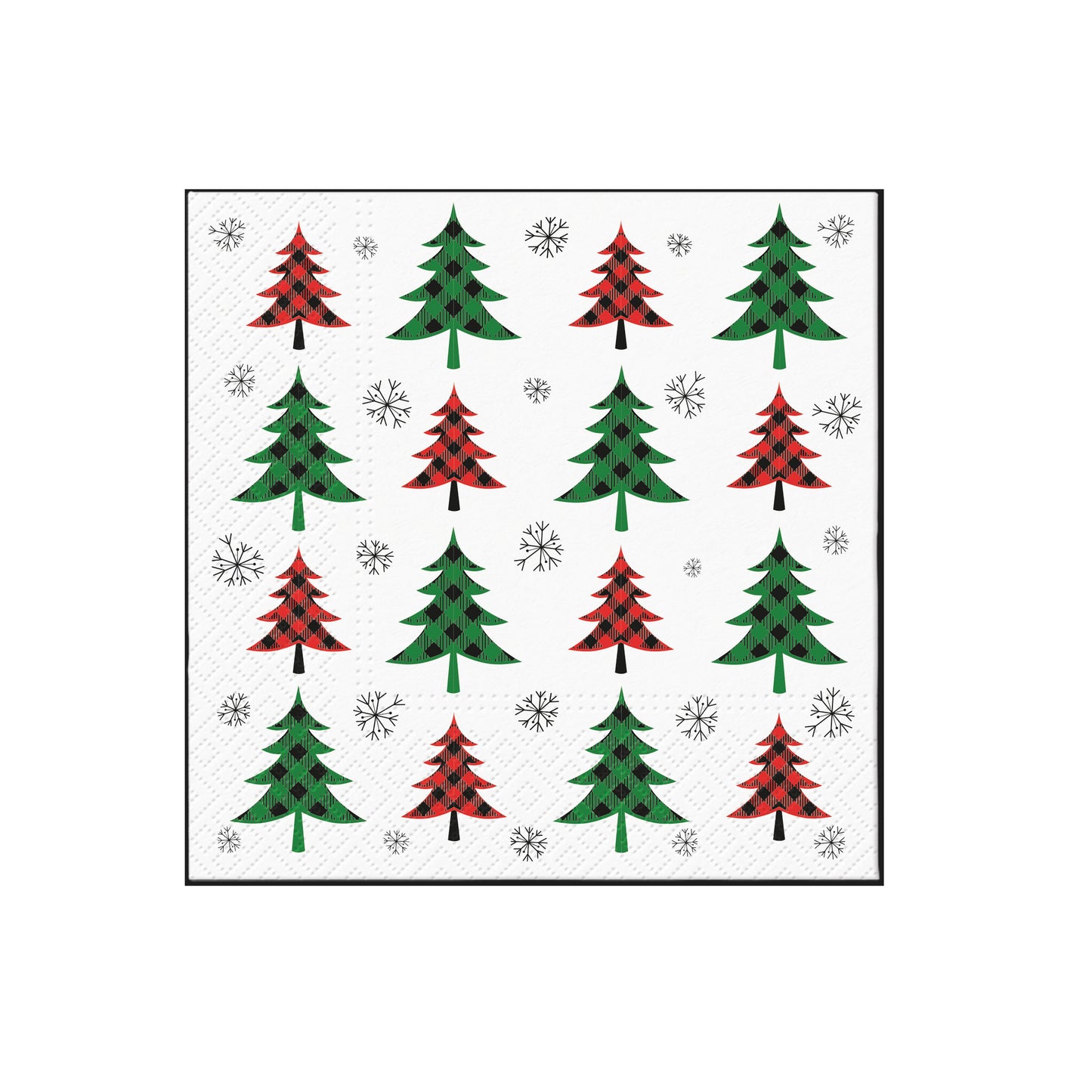 Christmas napkin featuring a grid of small red and green Christmas trees with snowflakes