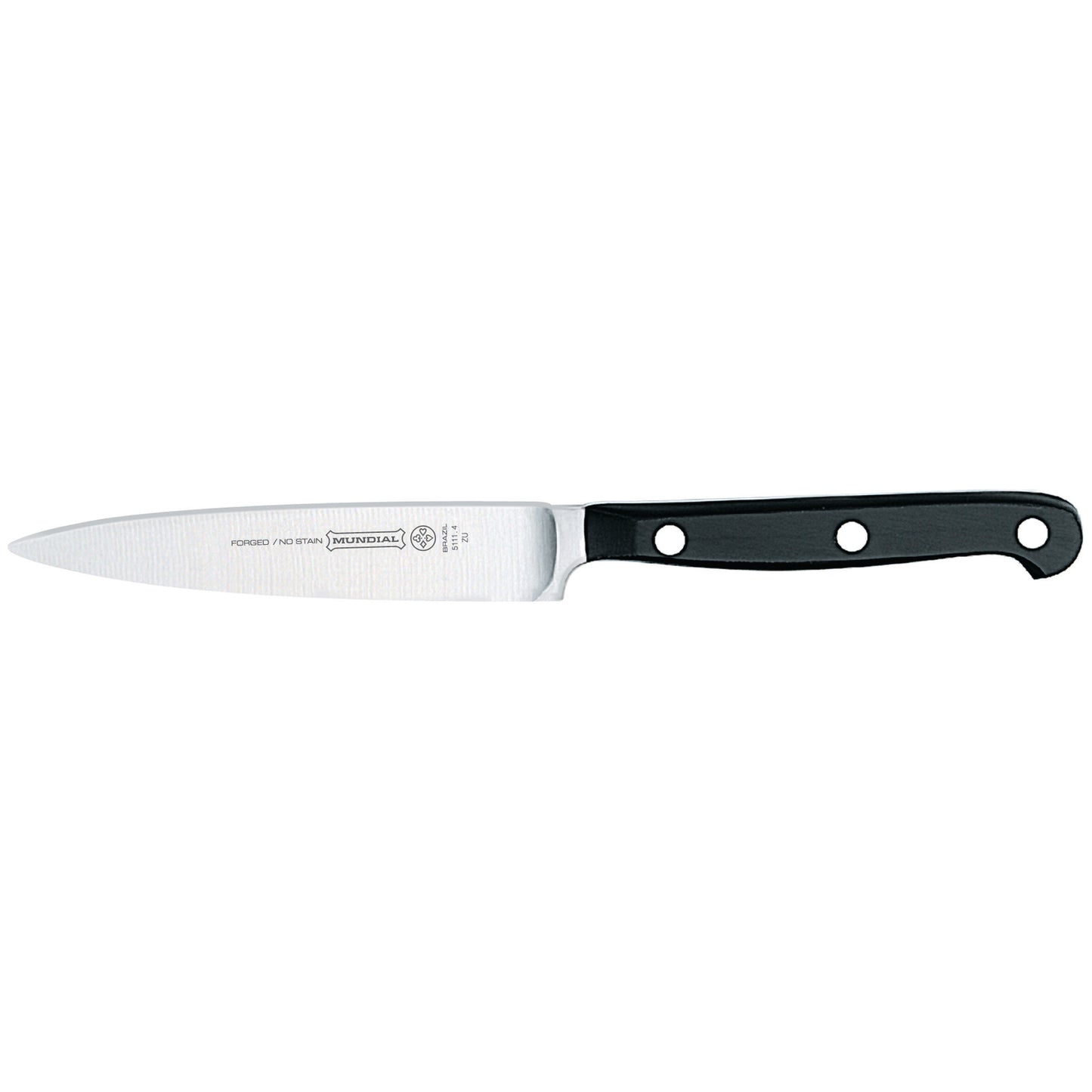 Stainless vegetable knife with black handle and riveted grip