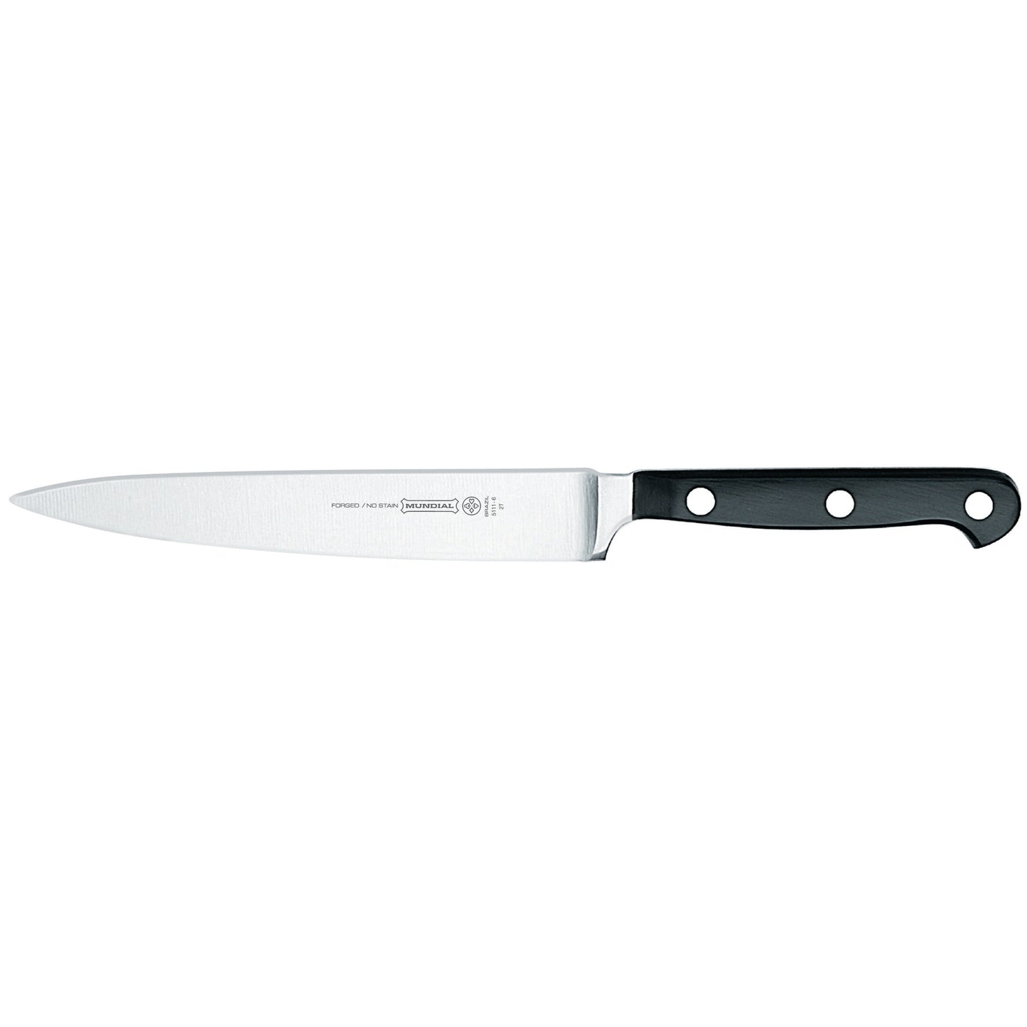 Utility knife with stainless-steel blade and black handle, two rivet holes