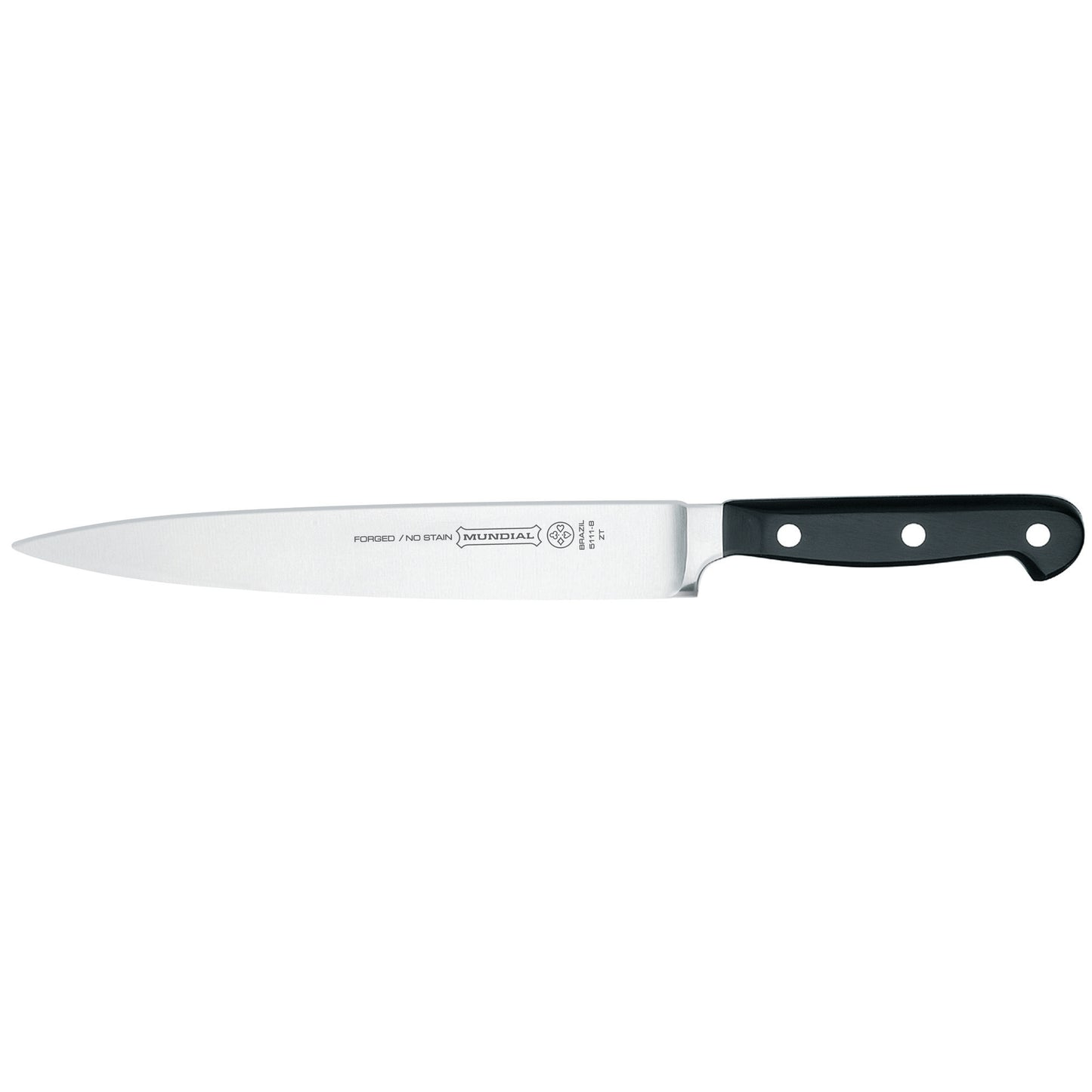 Carving knife with stainless steel blade and black handle, two rivets.