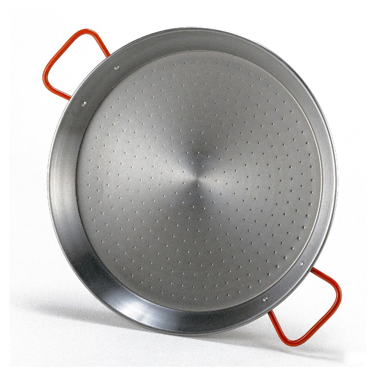 Perforated paella pan with orange handles, round metal skillet with small holes