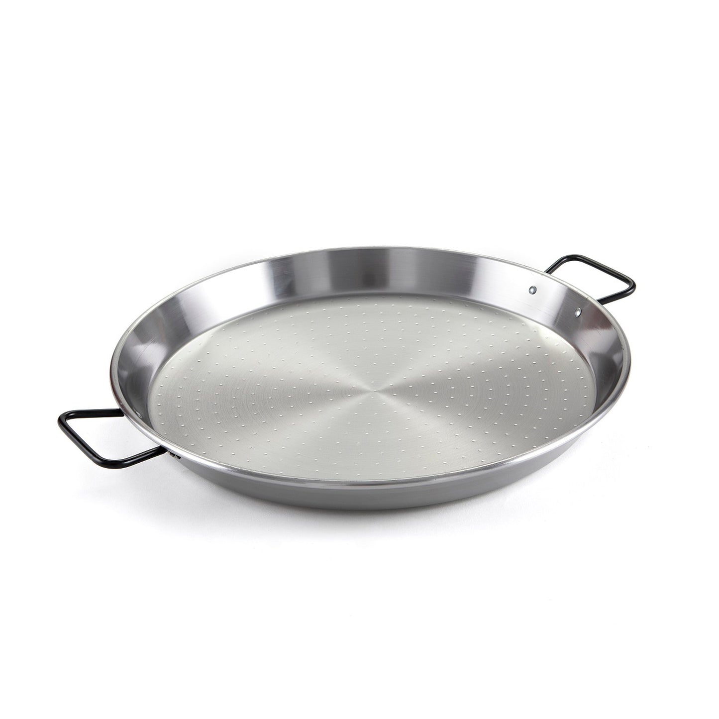 Induction paella pan with two loop handles and flat perforated base