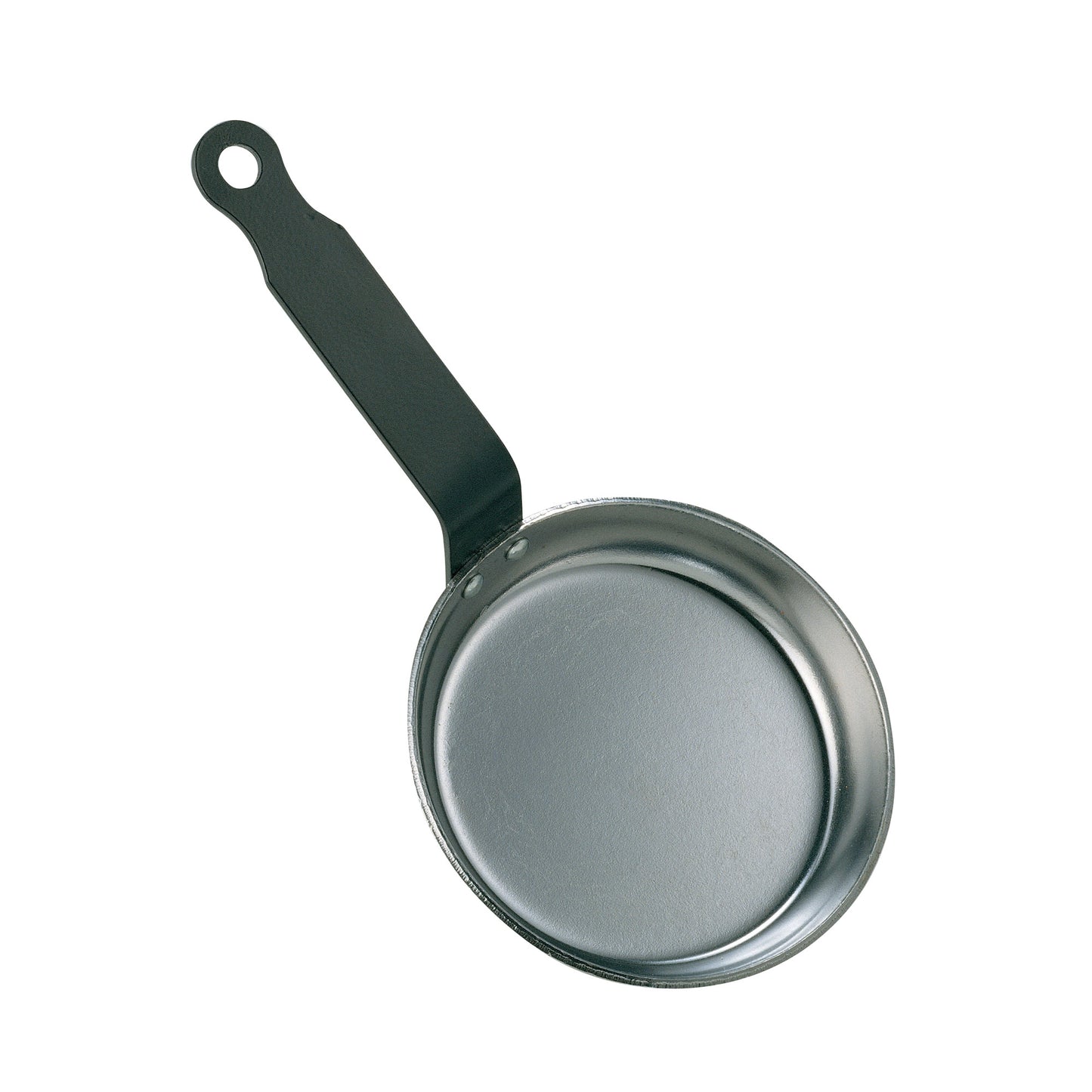 Blinis pan with dark handle and round stainless steel cooking surface