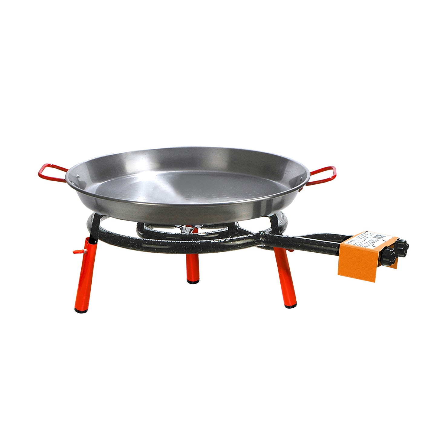 Portable Valencia grill set with round stainless steel pan, red legs and handles