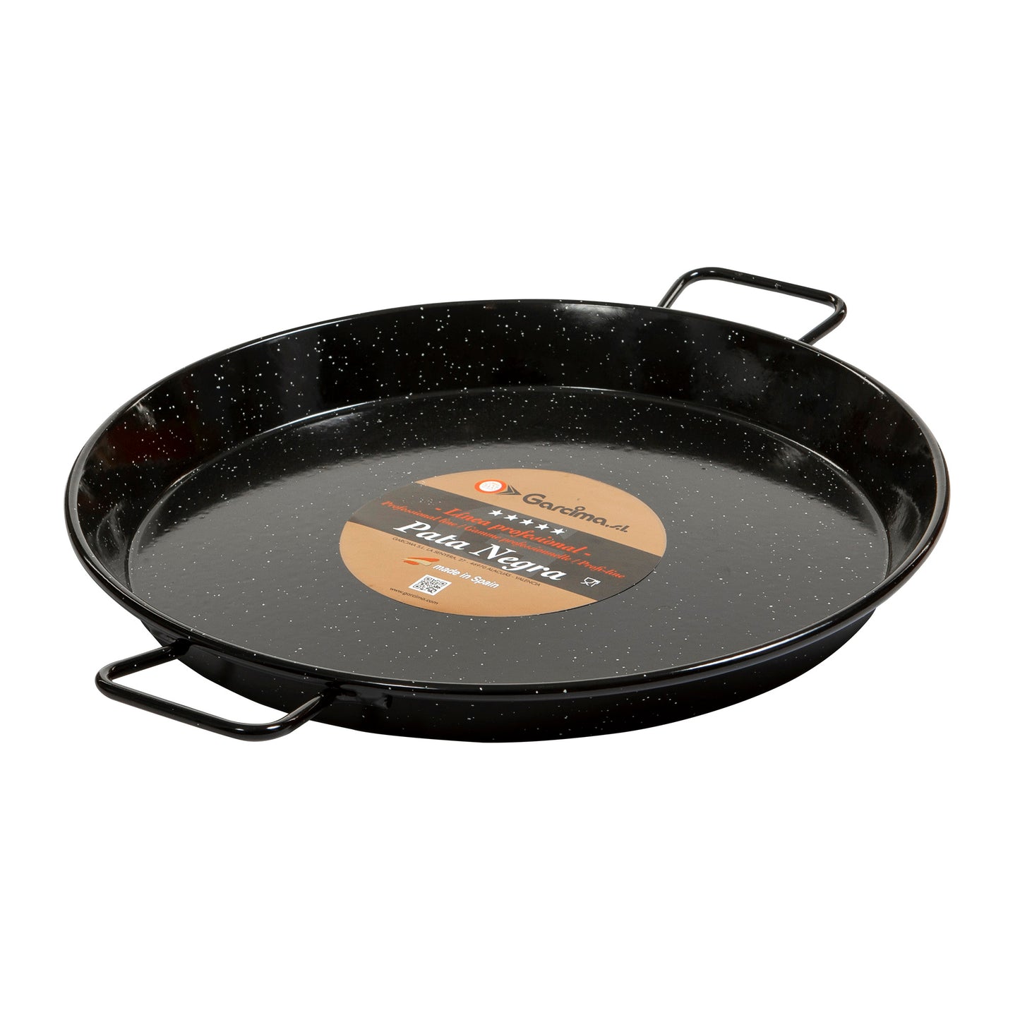 Enamel paella pan with two loop handles, glossy black speckled cooking surface with label
