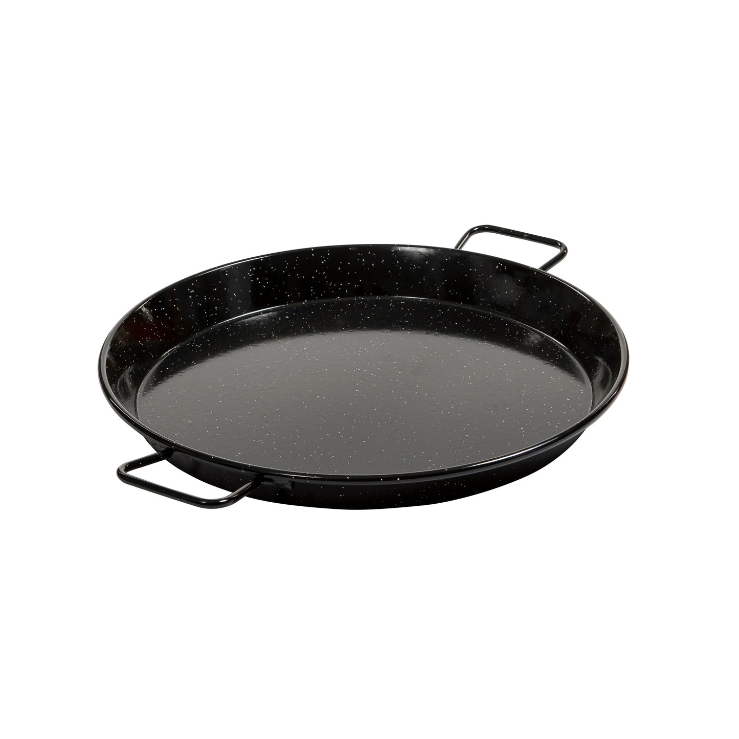 Enamelled induction paella pan with black speckled shallow bowl and loop handles.