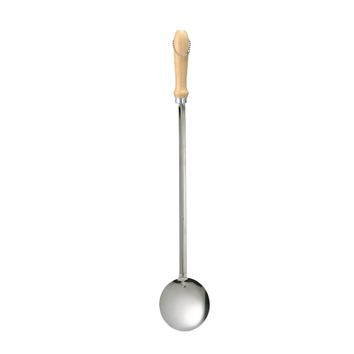 Paella skimmer with round stainless head and long gold-toned handle