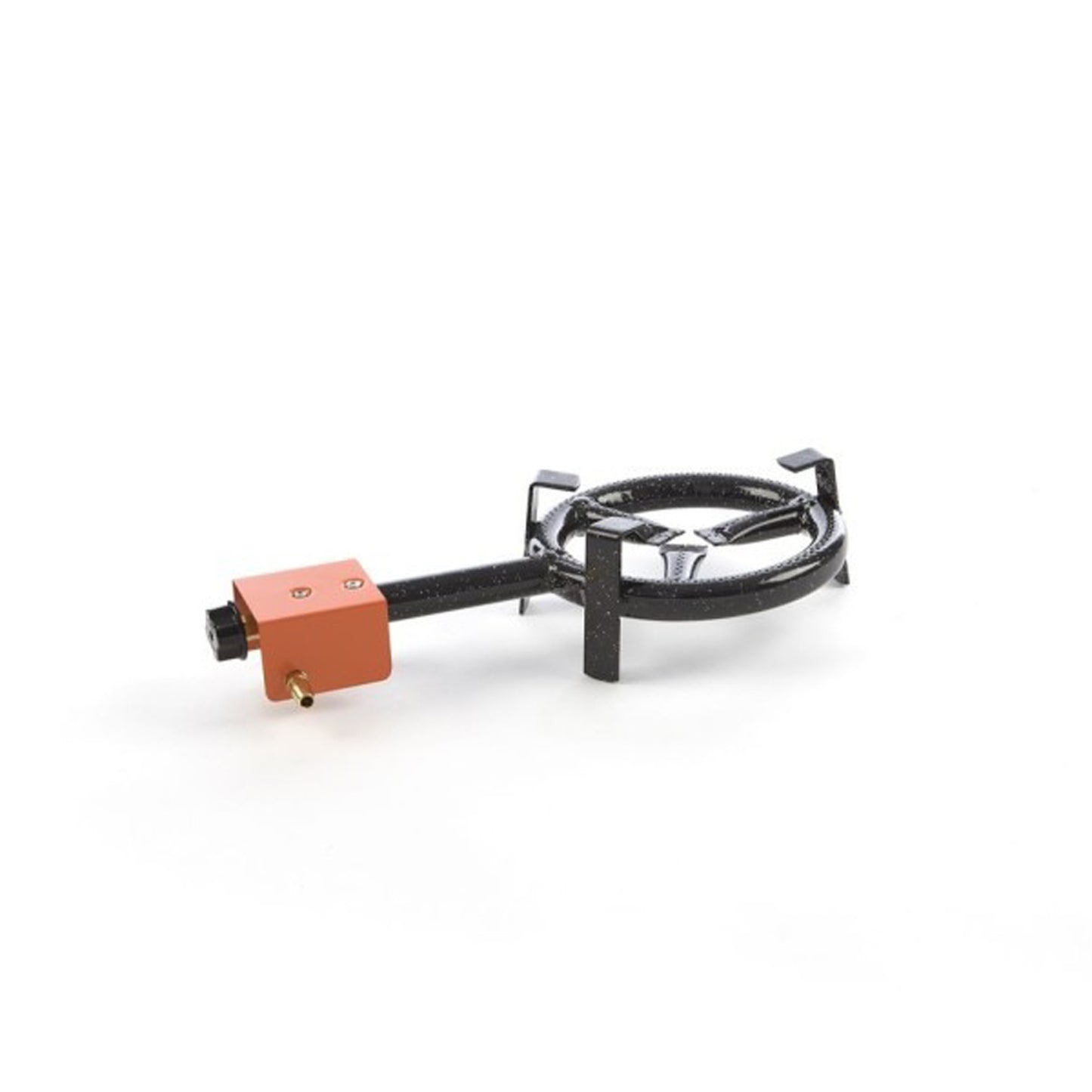 Gas burner hose with orange regulator block and black burner ring with supports