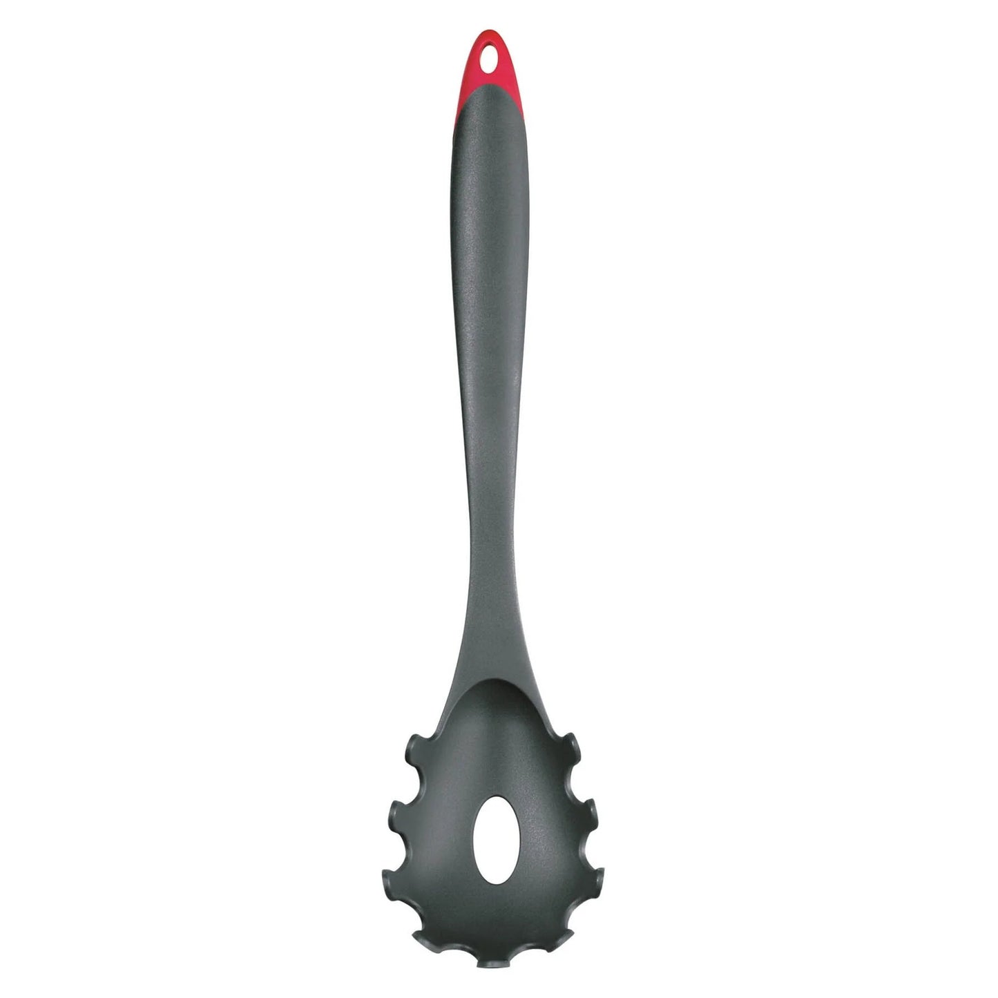 Spaghetti server with red-topped handle and gray slotted gear head