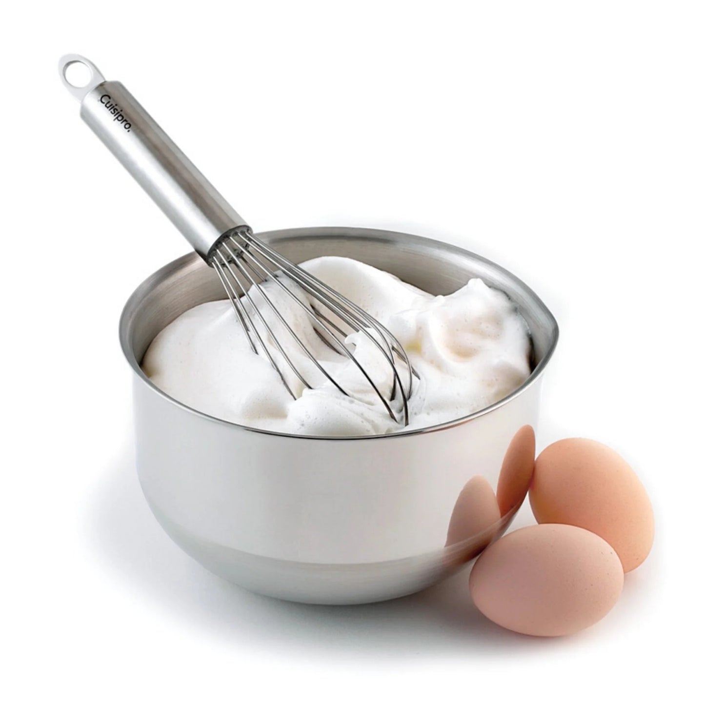 Stainless steel balloon whisk stirring cream in a metal bowl with eggs