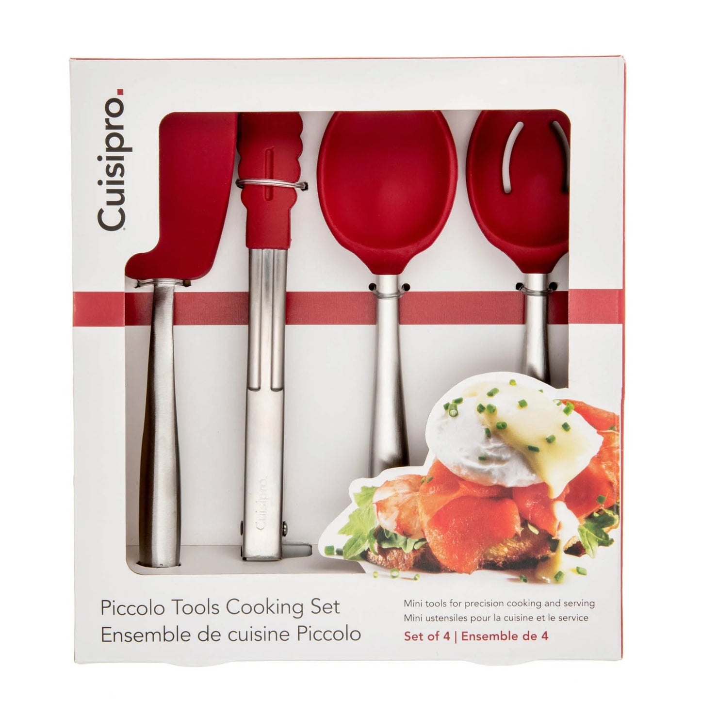 Piccolo mini cooking set box with four red utensils and stainless handles