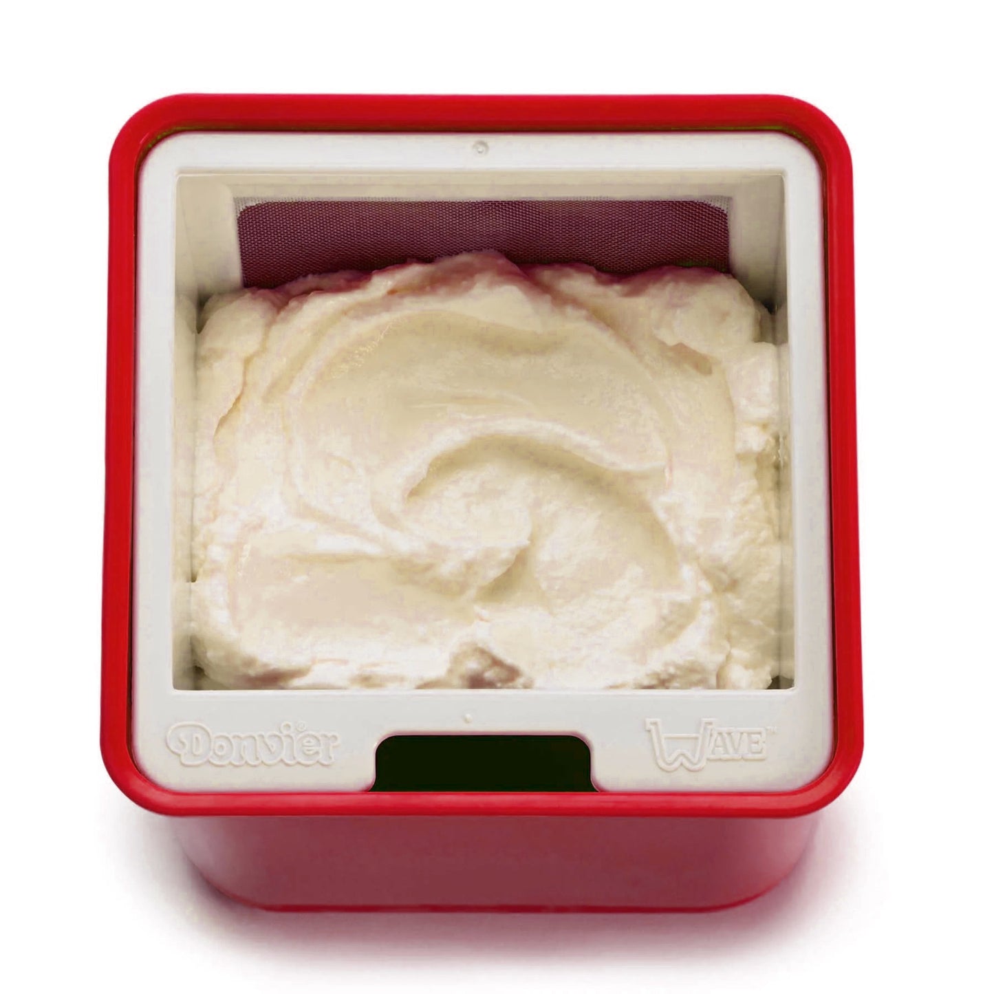 Red yogurt cheese maker base with pale curd filling and open top