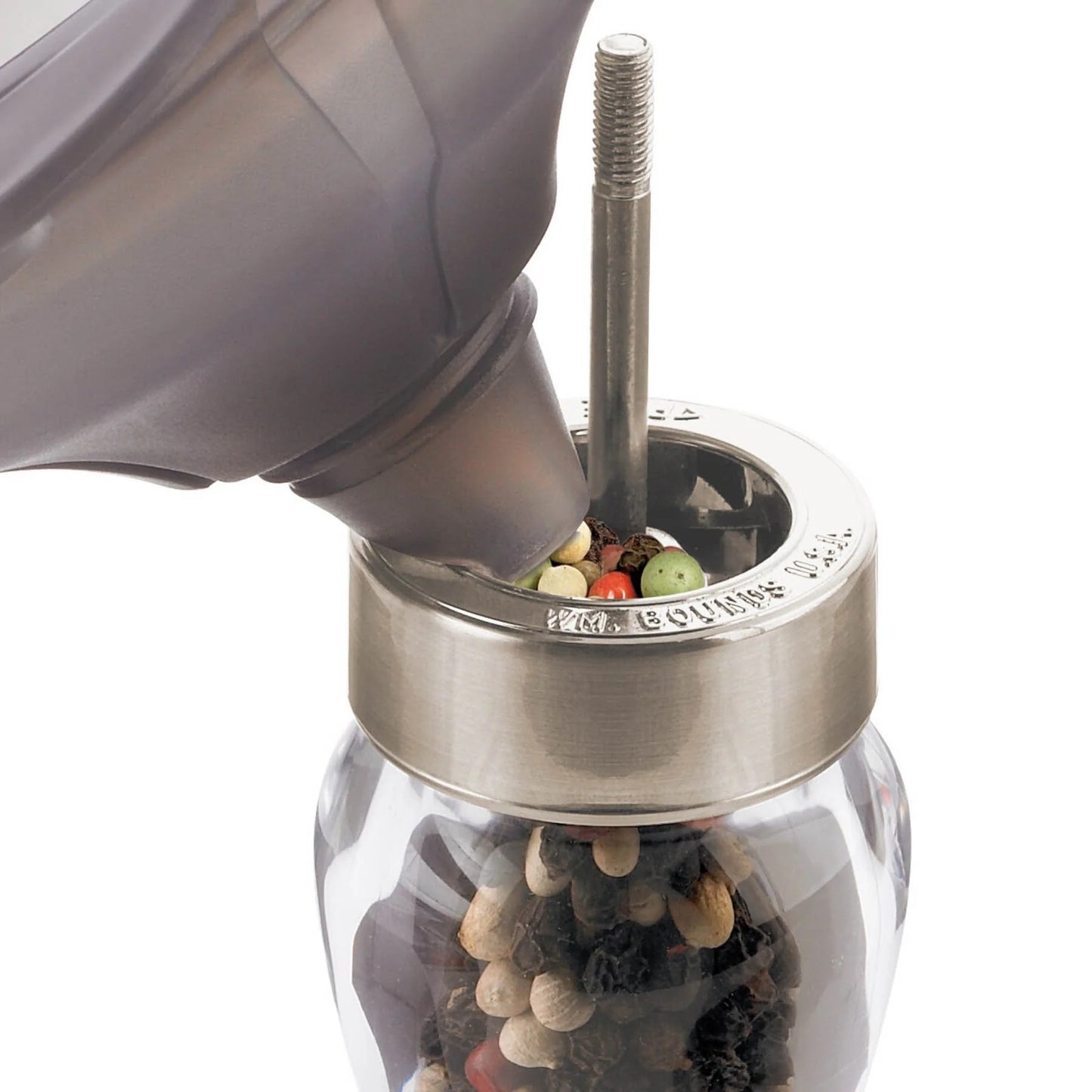 3-in-1 funnel with stainless spout and mesh filter, holding mixed produce