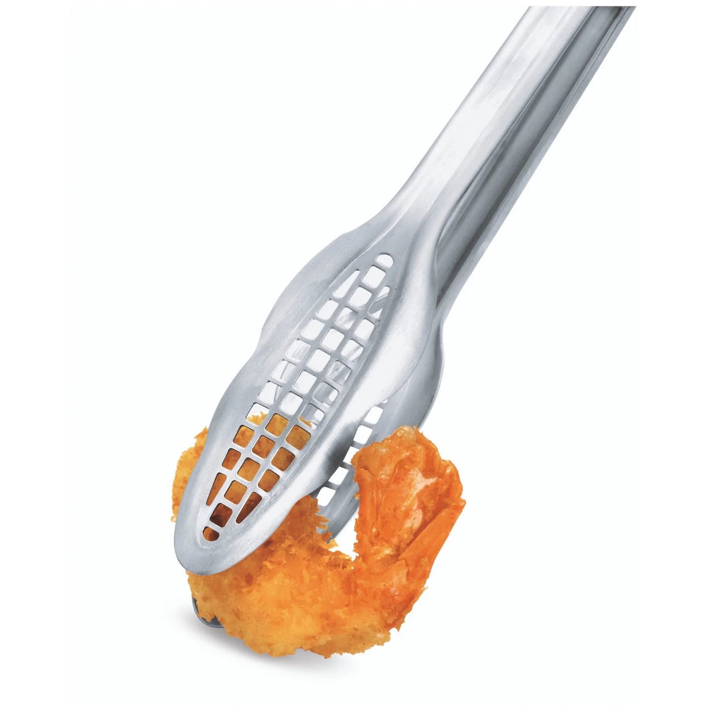 Stainless steel narrow grill fry tongs with gridded tip, holding fries