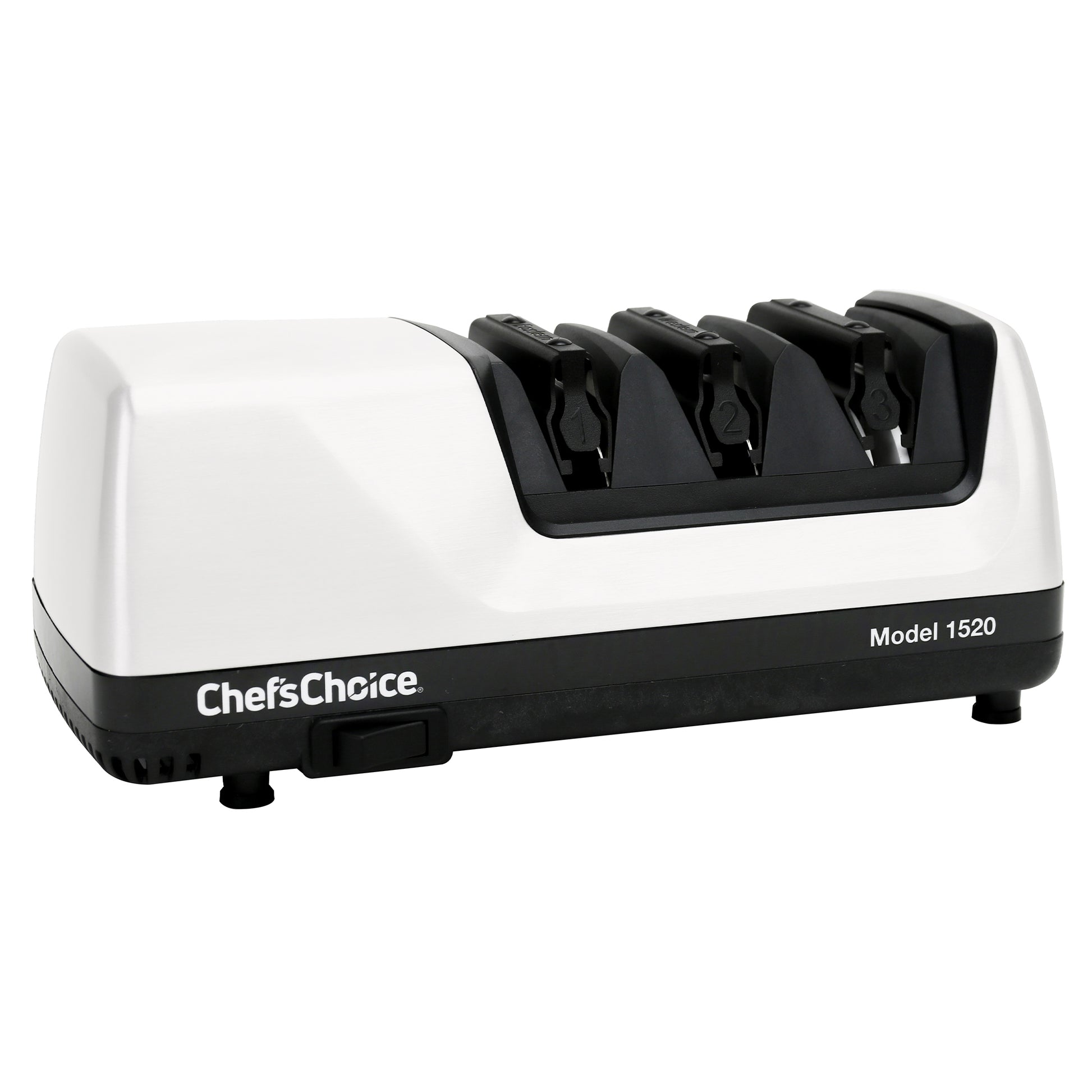 White electric knife sharpener with black slotted guides, Chef'sChoice branding, Model 1520