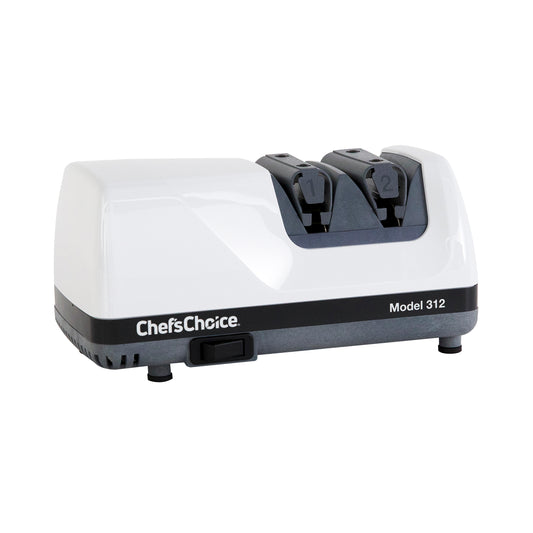 White countertop knife sharpener with two sharpening slots and guides