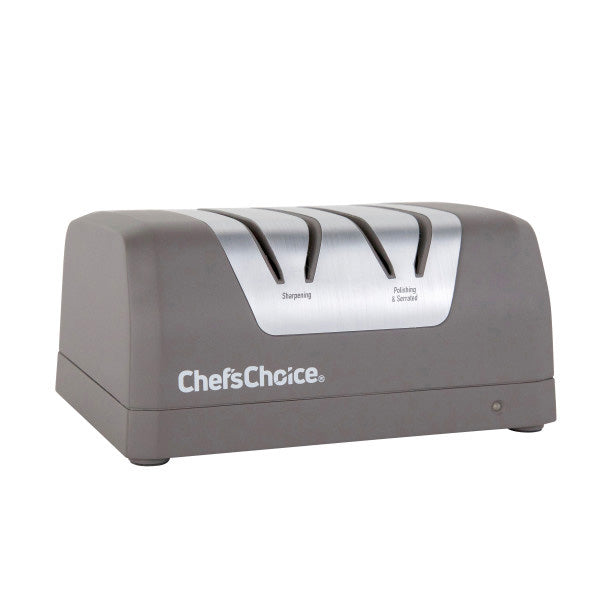 Gray two-stage electric pencil sharpener with two labeled sharpening stages