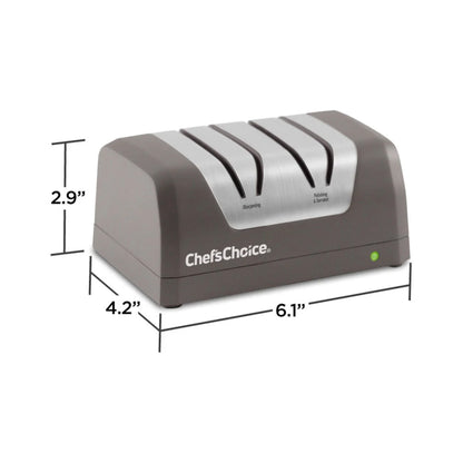 Gray electric pencil sharpener with two-stage sharpening slots and green indicator light
