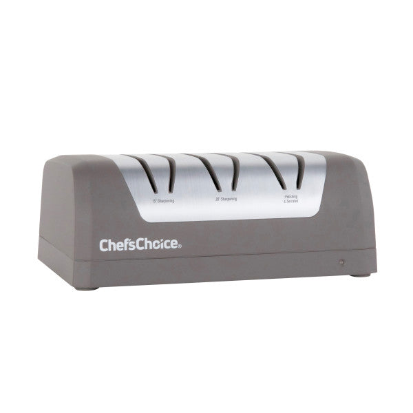 Gray Chef'sChoice electric sharpener with five top sharpening channels and front control