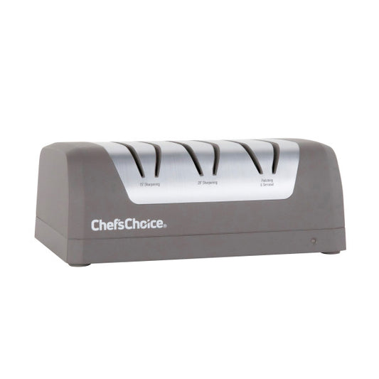 Gray Chef'sChoice electric sharpener with five top sharpening channels and front control
