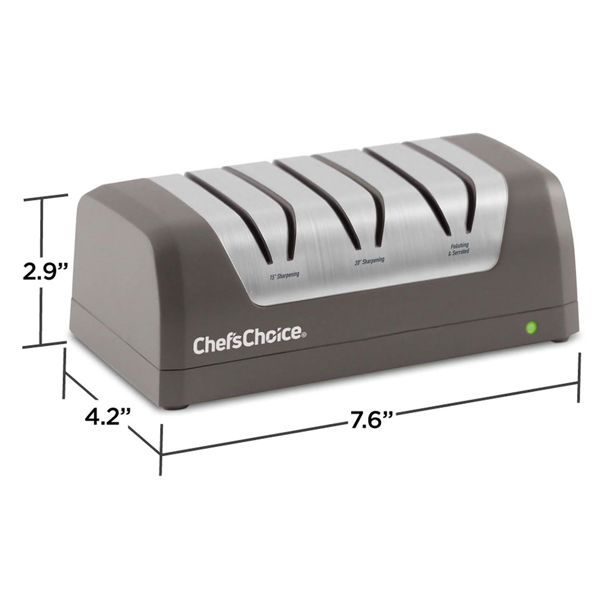 Gray Chef'sChoice electric sharpener with five sharpening slots and green indicator light