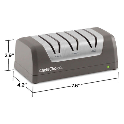 Gray Chef'sChoice electric sharpener with five sharpening slots and green indicator light