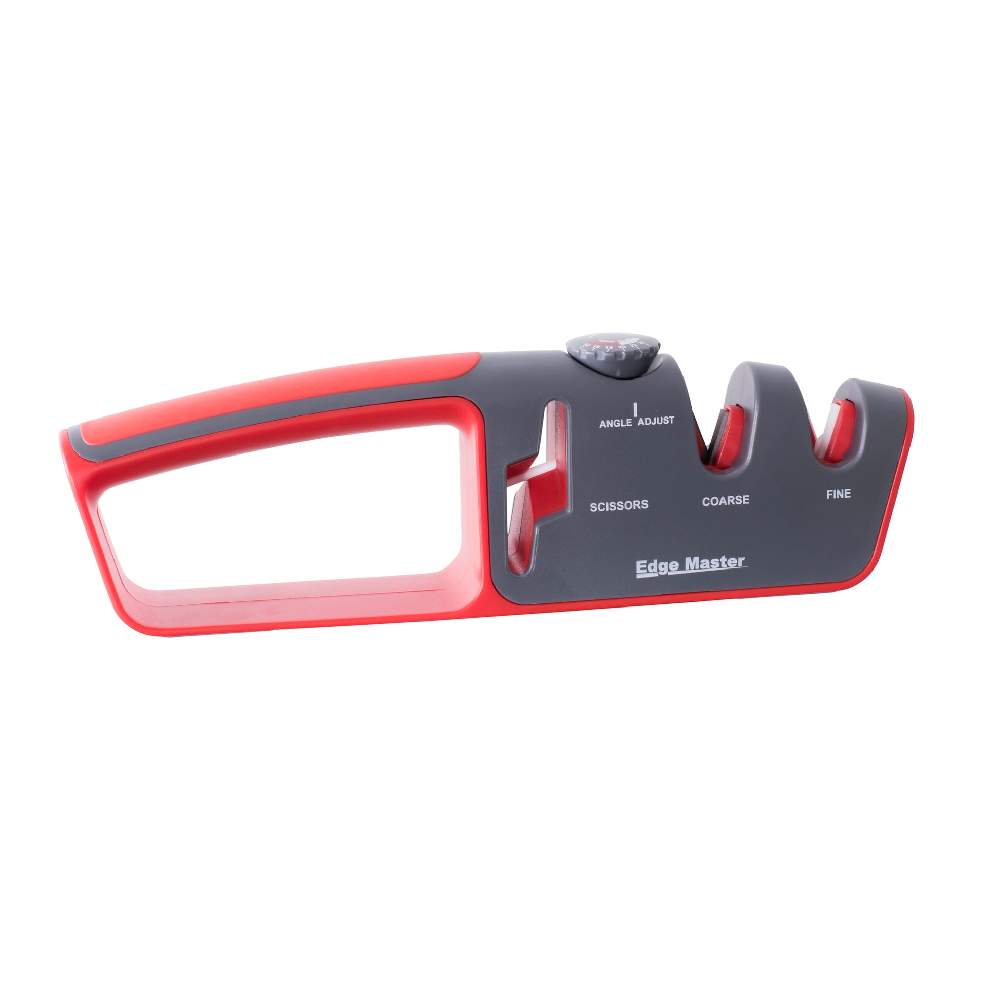 Adjustable angle knife and scissor sharpener with red handle and guide for coarse/fine