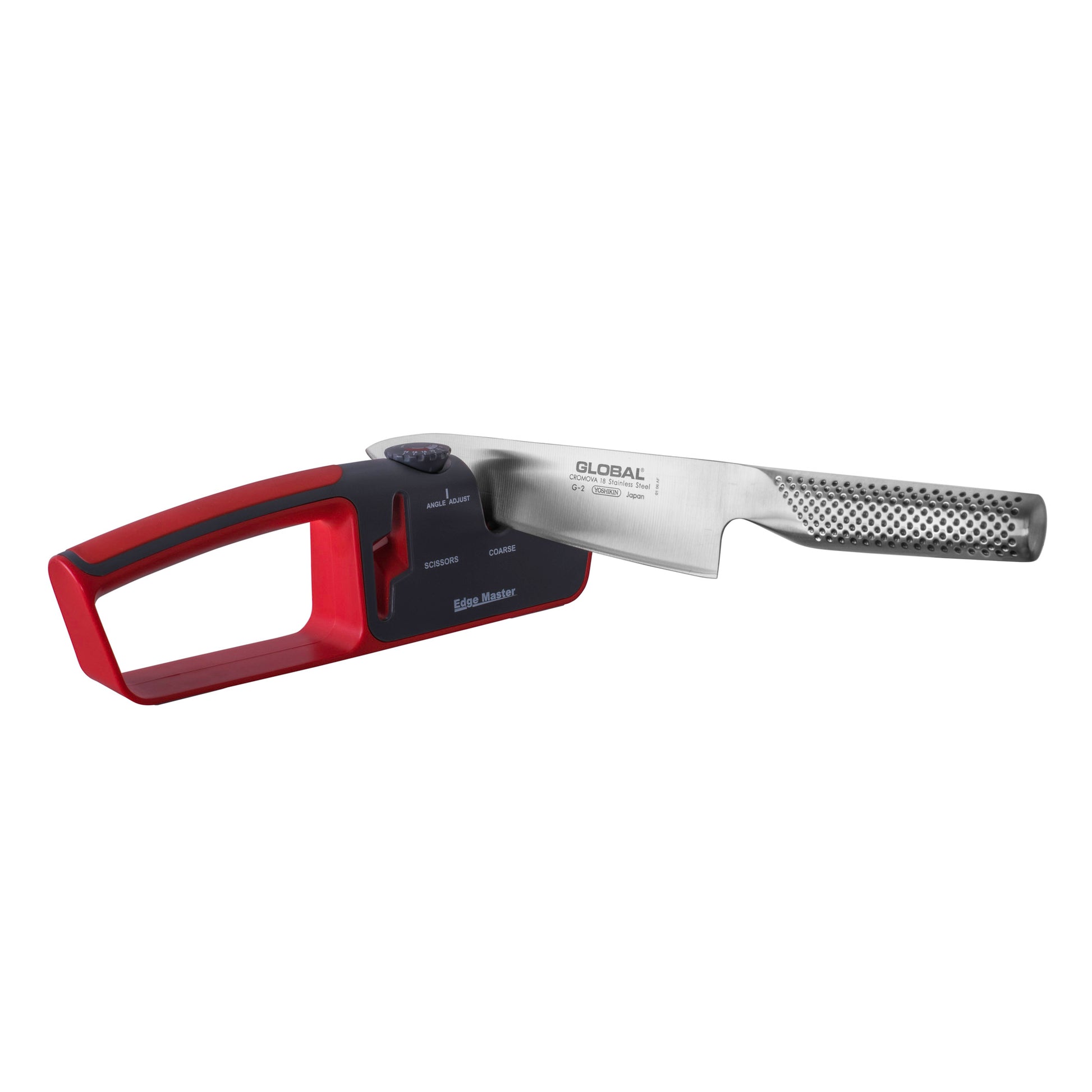 Knife sharpener with red frame and metal guide, marked GLOBAL and grit levels