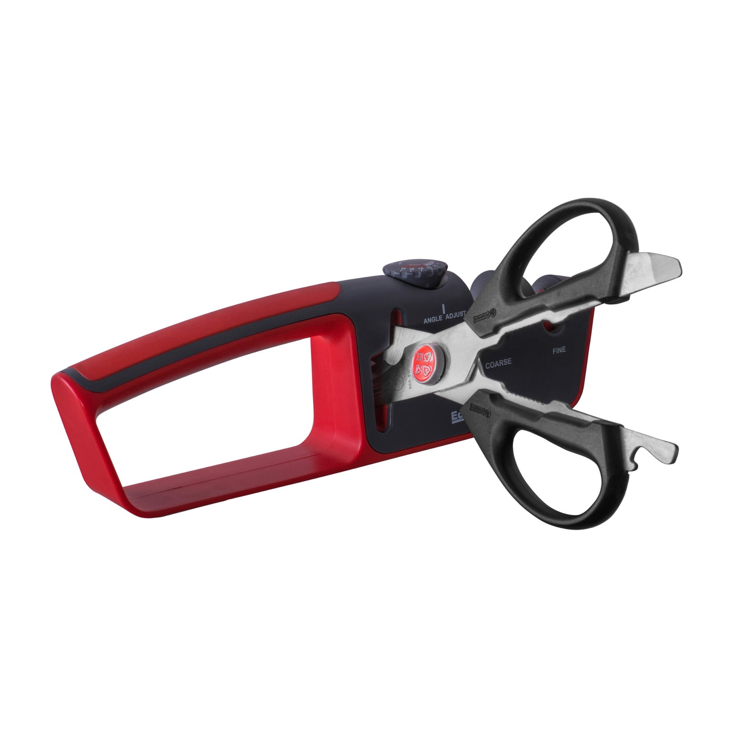 Adjustable sharpener with red housing, black scissor handles, and adjustable blade guide