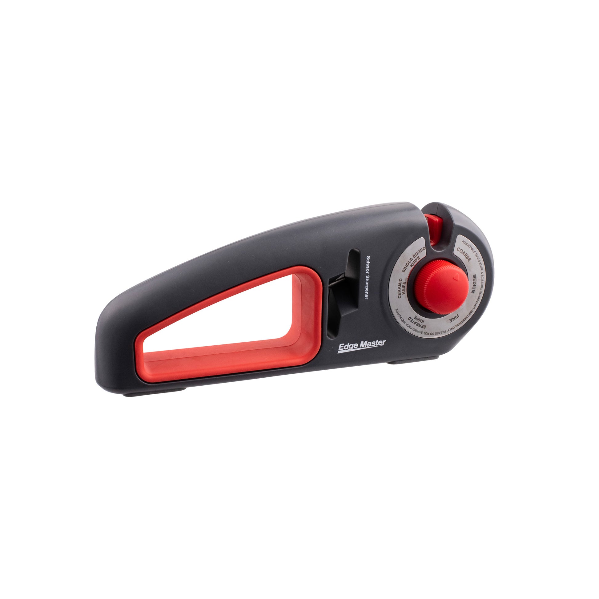 Handheld knife and scissor sharpener with red dial and black housing
