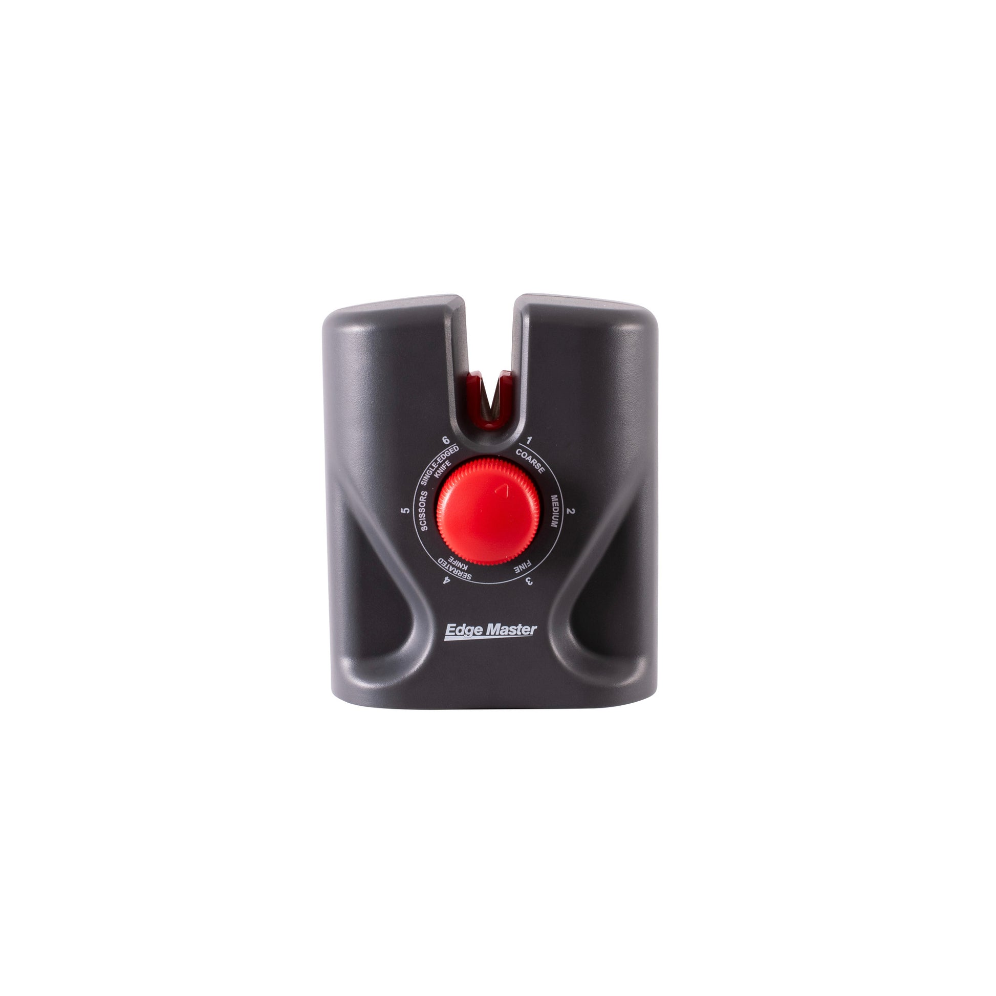 Compact knife and scissor sharpener with red dial and sharpening slot
