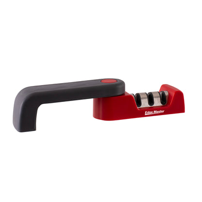 3-stage fold knife sharpener handle, red base and dark gray frame, Edge Master logo