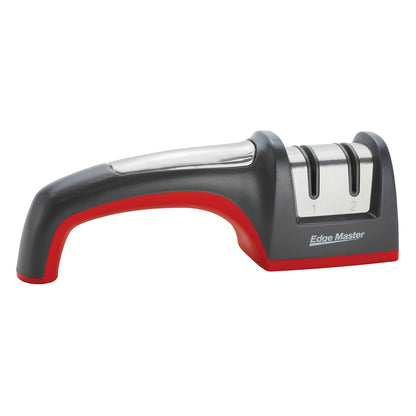 2-stage knife sharpener with Edge Master logo, black and red base and two slots
