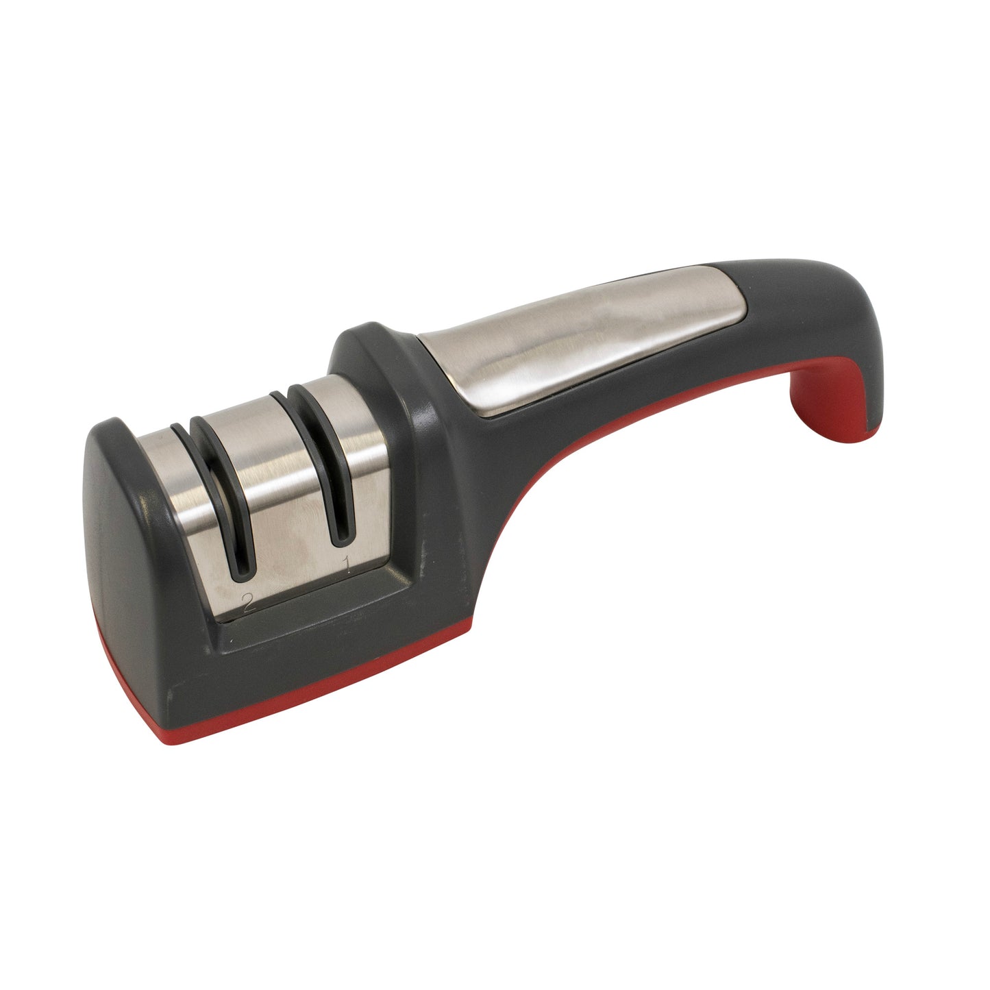 2-stage knife sharpener, black handle with red accents and dual sharpening guides