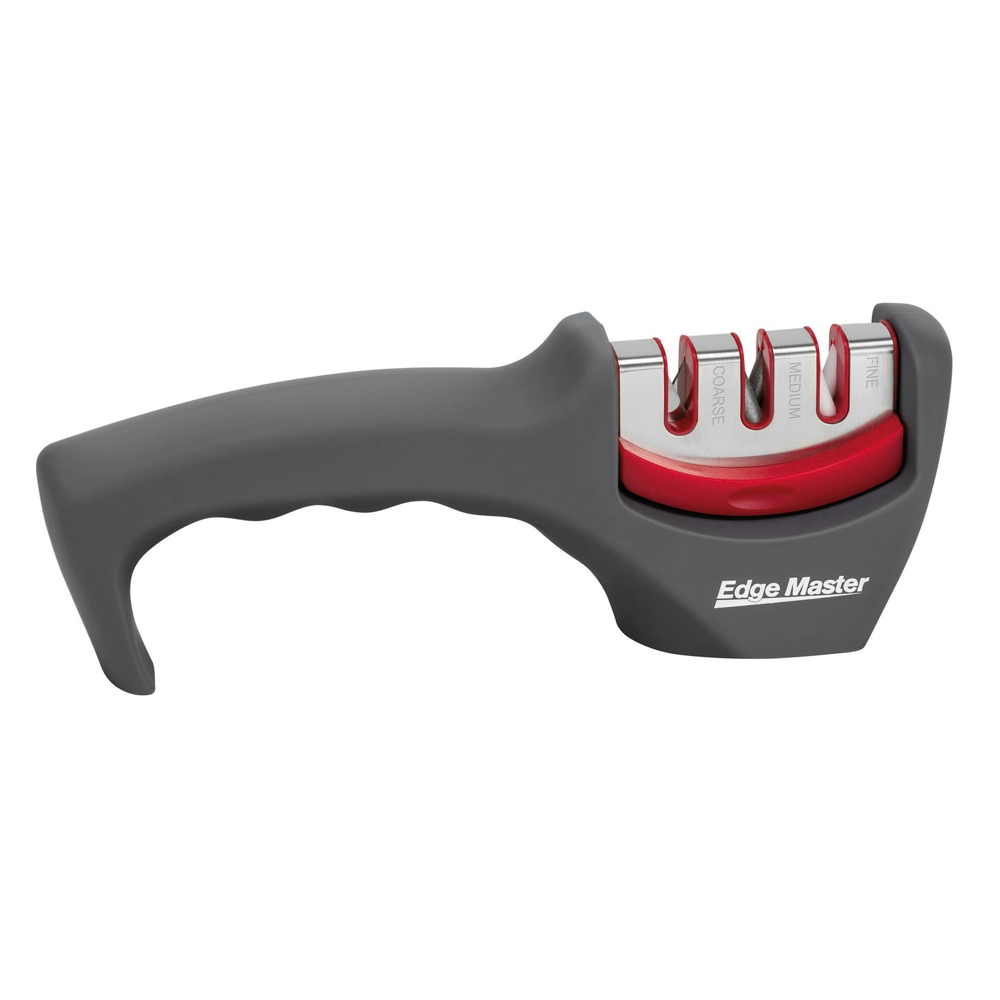 3-stage knife sharpener with gray handle and red 3-slot carbide guide, Edge Master