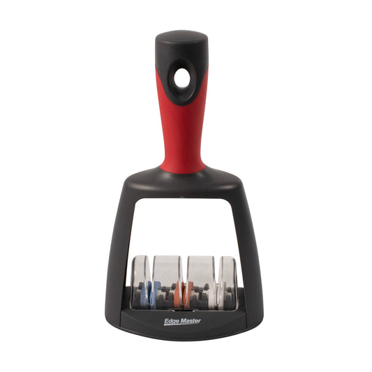 3-stage ceramic water sharpener with red handle and exposed sharpening wheel drum