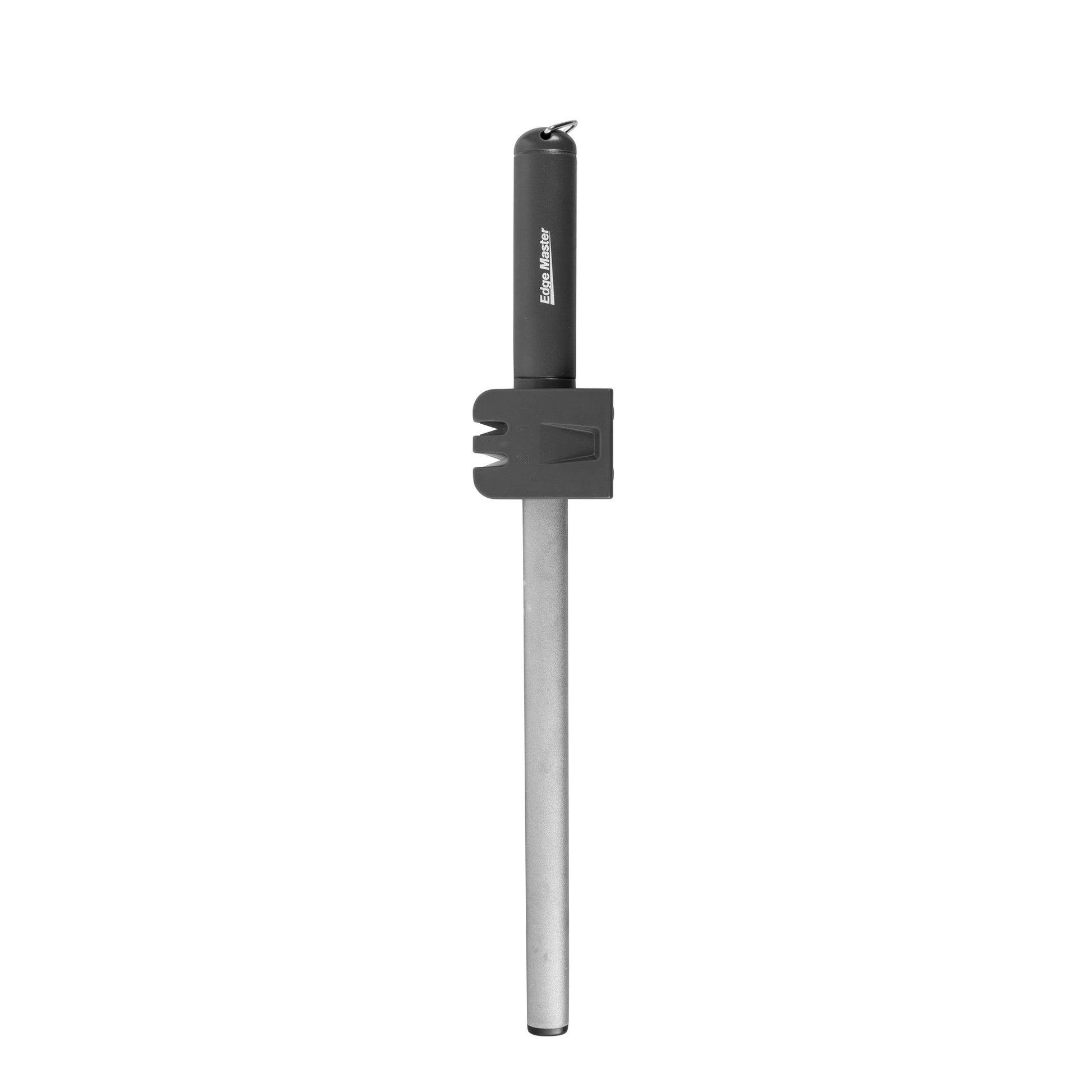 Diamond sharpening steel with black sheath-style handle and protective guard