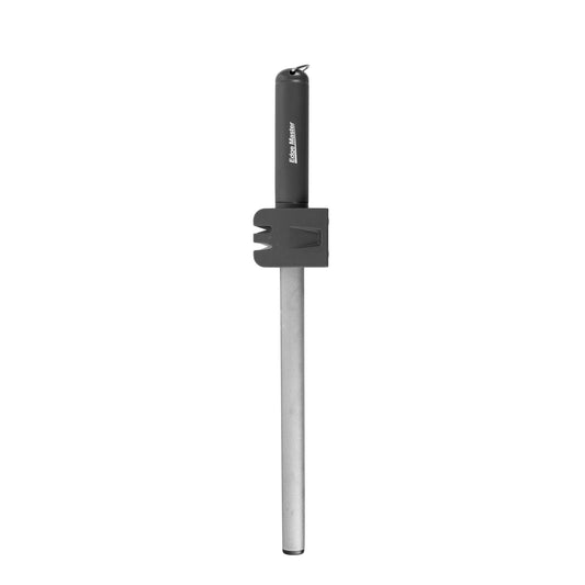 Diamond sharpening steel with black sheath-style handle and protective guard