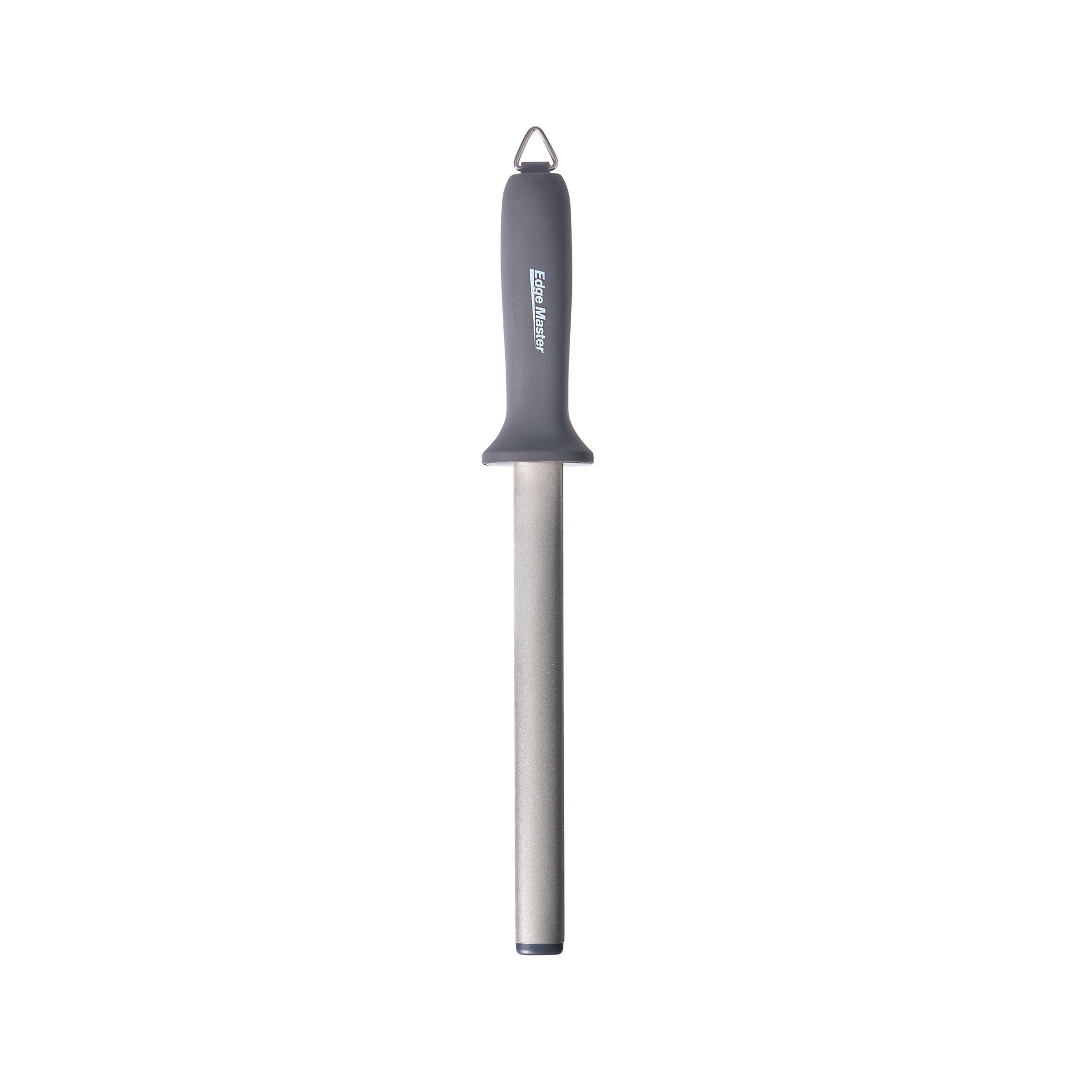 Diamond sharpening steel with dark handle, hanging loop, and silver metal shaft