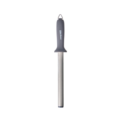Diamond sharpening steel with dark handle, hanging loop, and silver metal shaft
