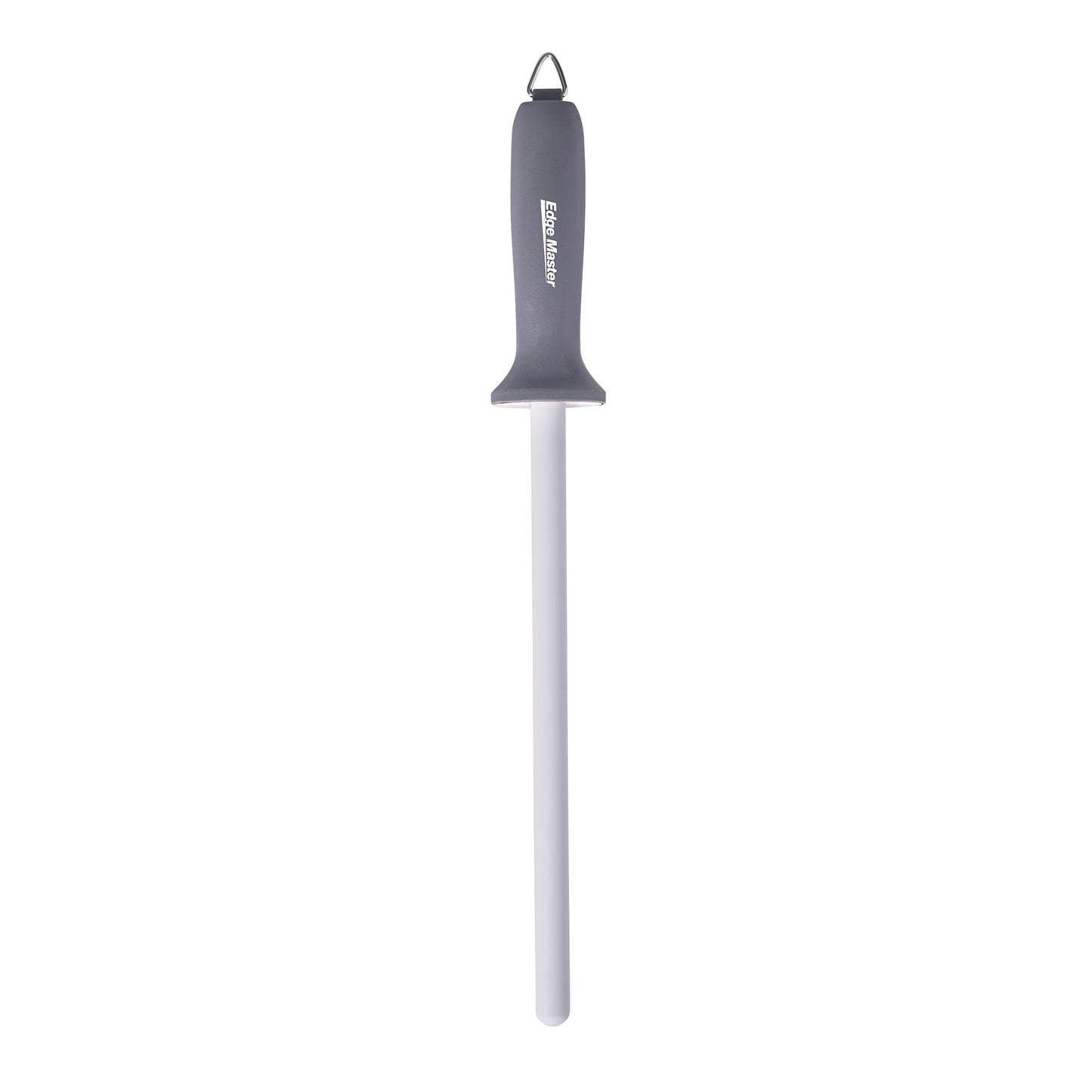 Ceramic sharpening rod with black top handle and white ceramic shaft