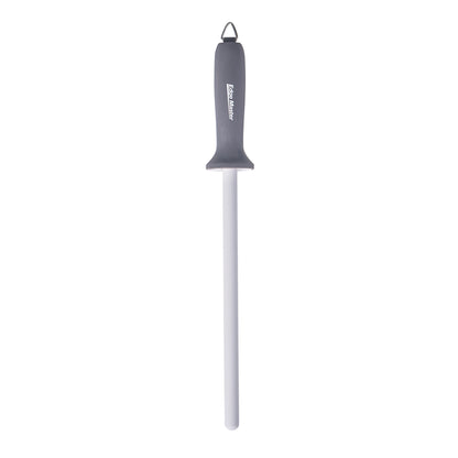 Ceramic sharpening rod with black top handle and white ceramic shaft