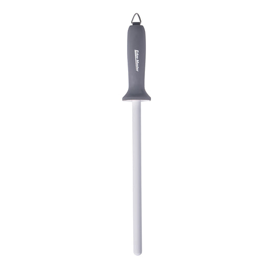 Ceramic sharpening rod with black top handle and white ceramic shaft