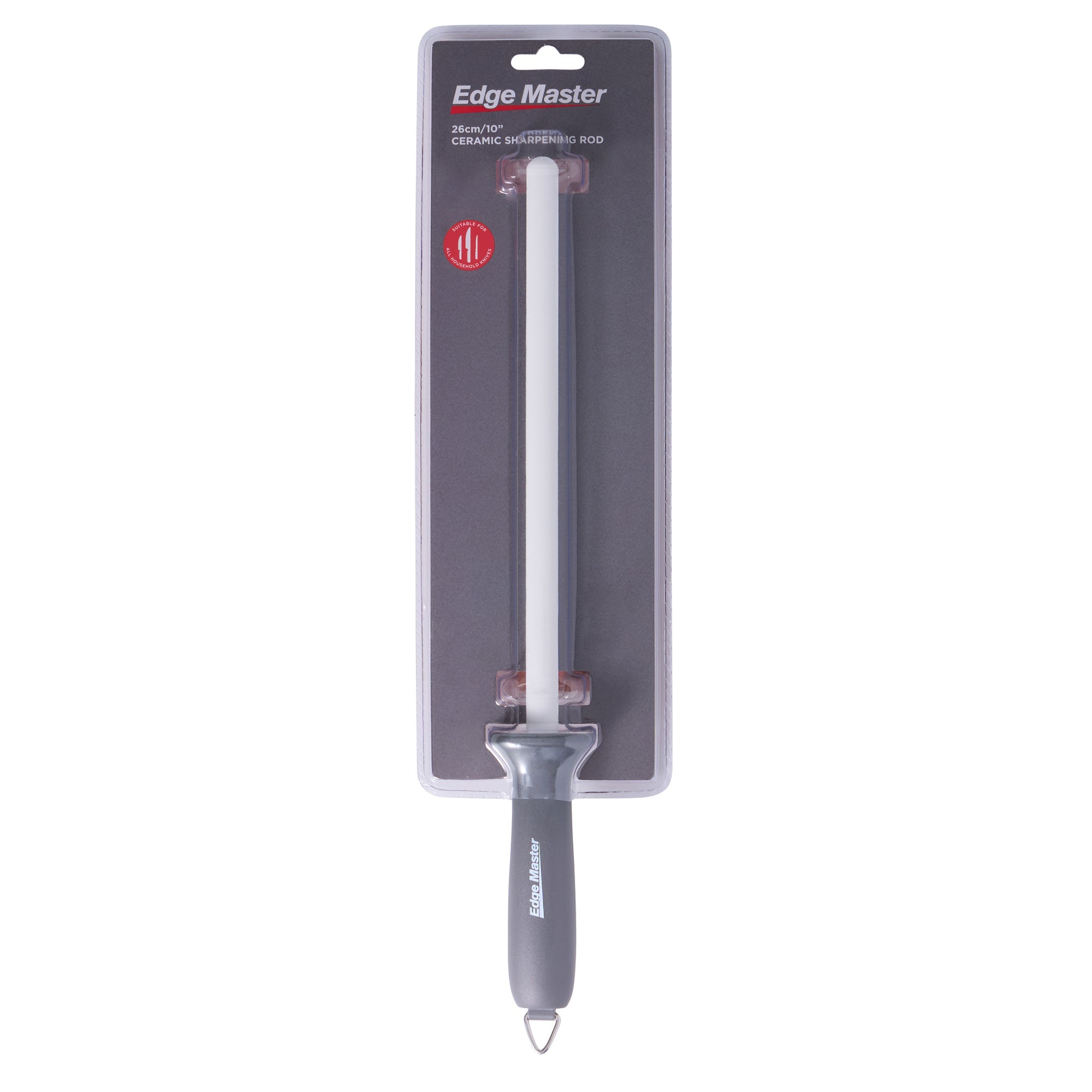 Ceramic sharpening rod with dark handle, packaged in retail blister