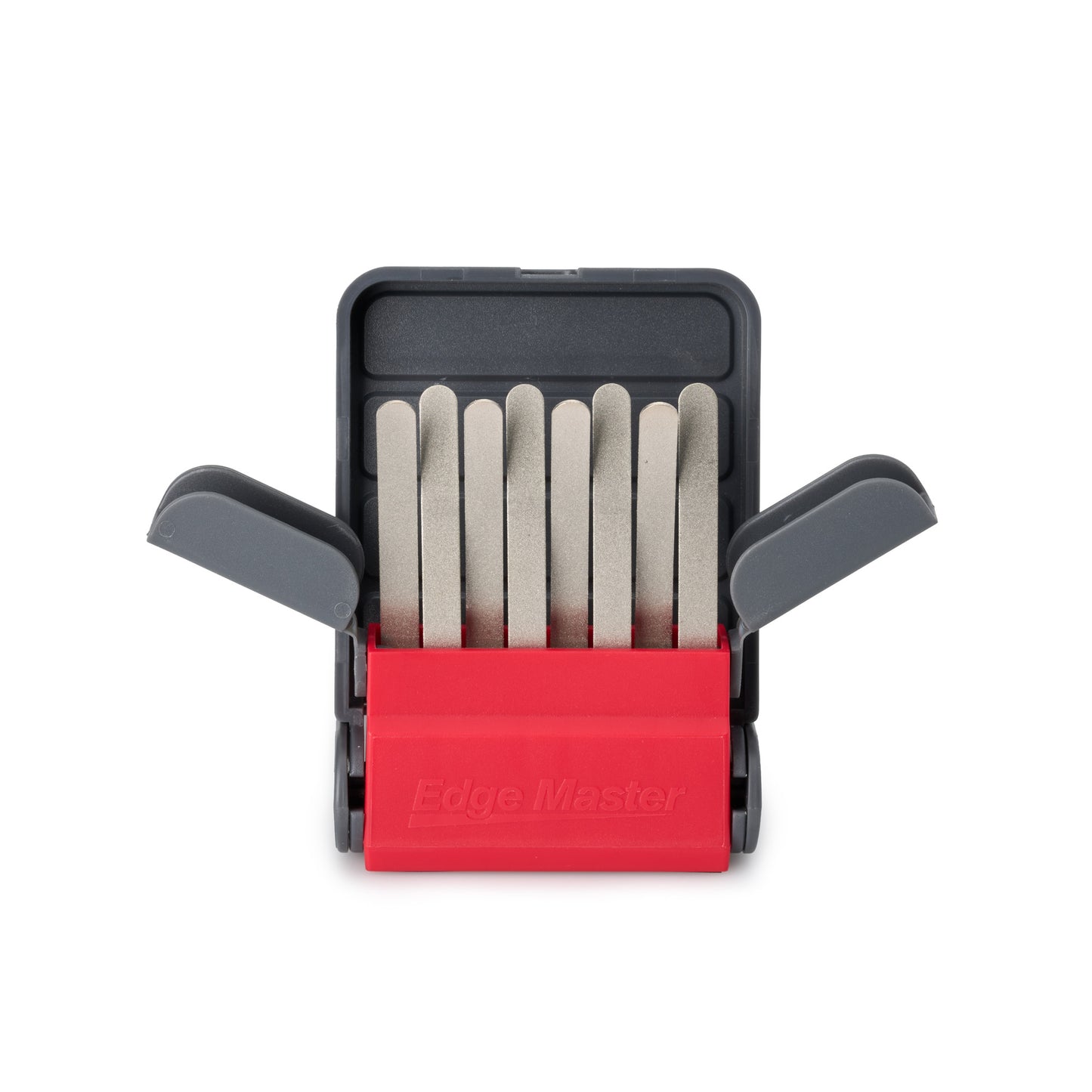 Diamond claw sharpener open case showing white sharpening blades and red base