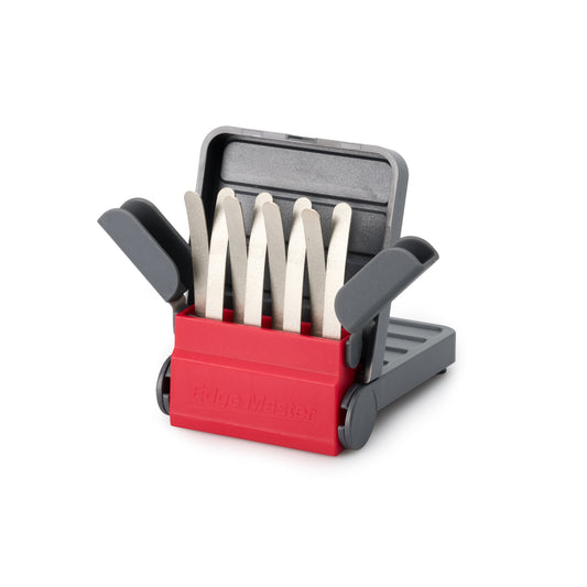 Diamond claw sharpener open case with white abrasive blades and red holder